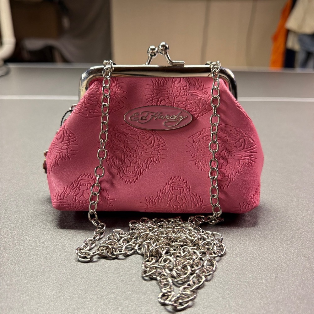 Ed Hardy Pink Embossed Tiger Coin‎ Purse Kiss Lock Micro Crossbody Bag New